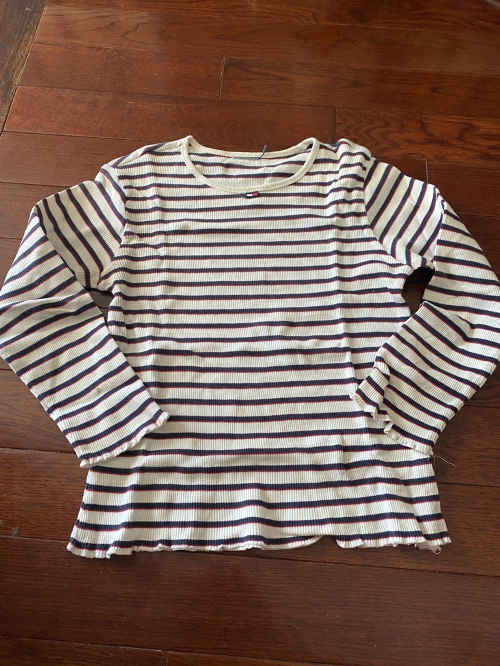 Tommy Hilfiger White Long-Sleeve Striped Tee with Navy & Burgundy